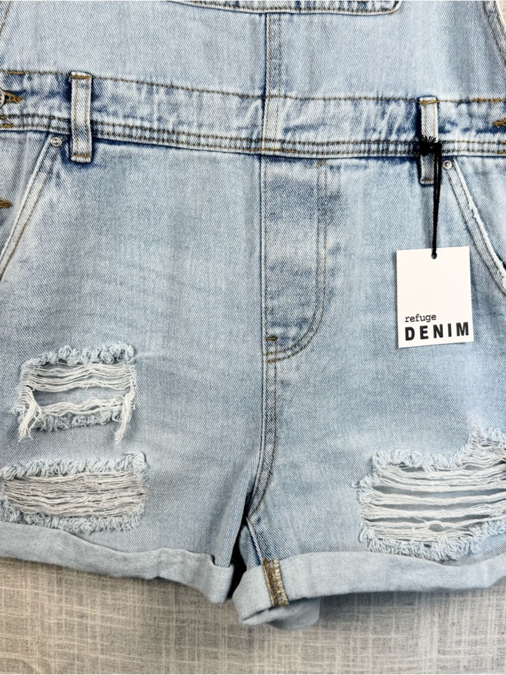 Refuge Denim Distressed Overall Shorts Light Wash Y2K Festival Bib L - Picture 4 of 14